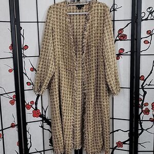 House of Harlow 1960 Gold Knit Shimmer Tweed Open Duster Long Coat M Fringed